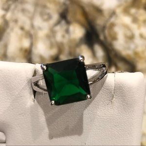 Sterling Silver and Square Simulated Emerald Ring